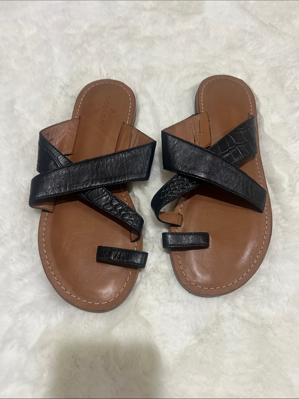 Caslon Black Crossover Strap Slide Sandals with Tan Footbed